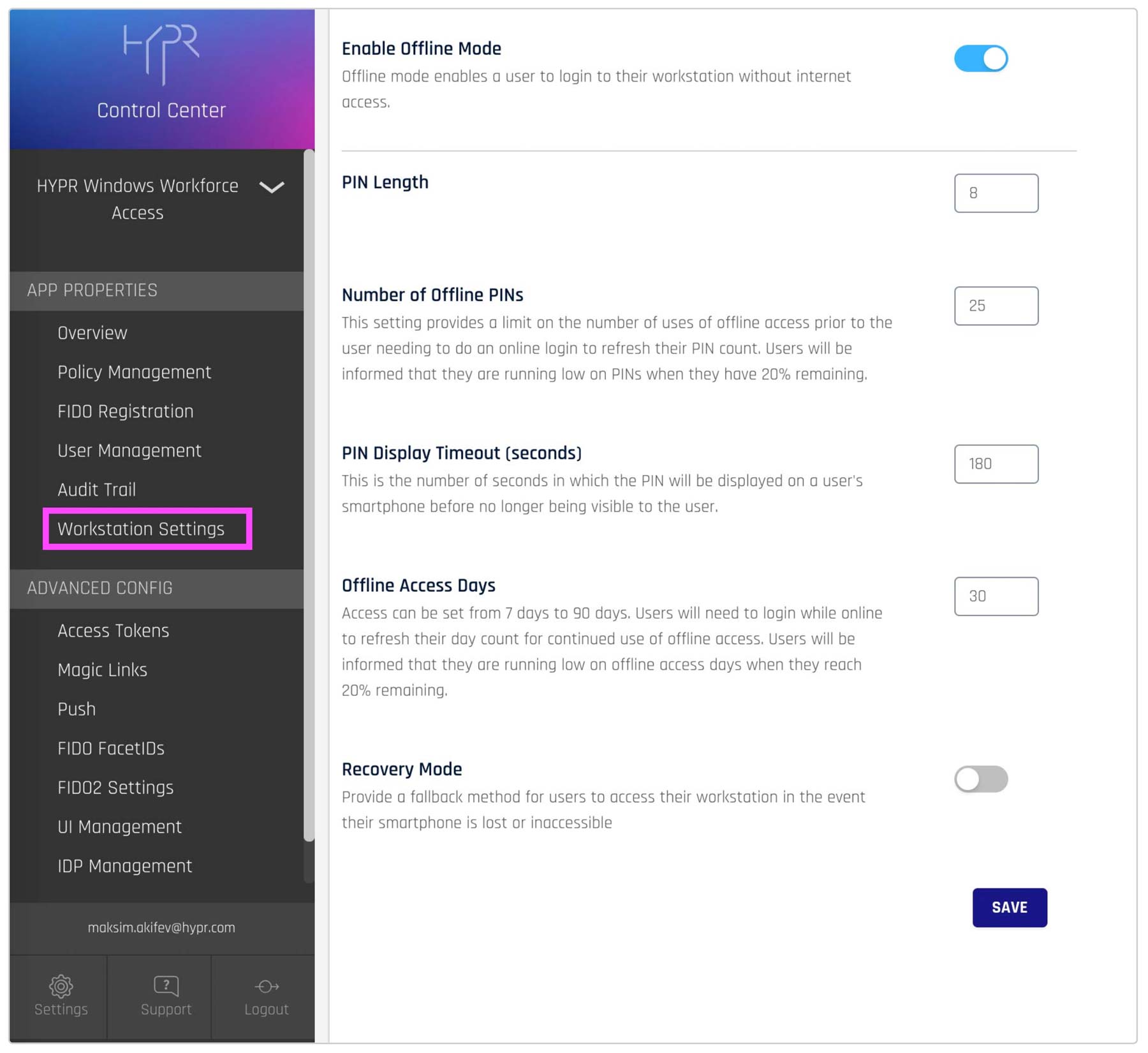 HYPR Control Center Offline Mode settings